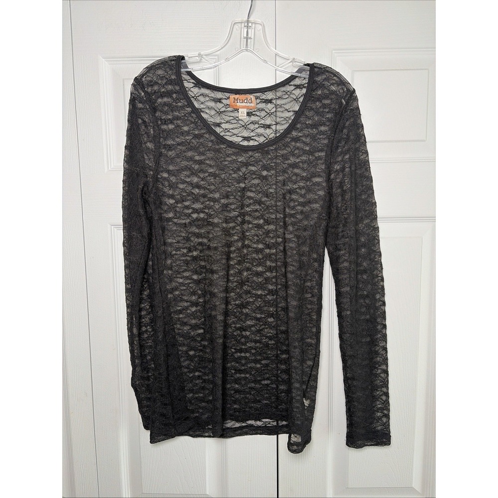 Mudd Sheer Floral Lace Top Womens Size XL Black Y2K Grunge Long Sleeve Alt